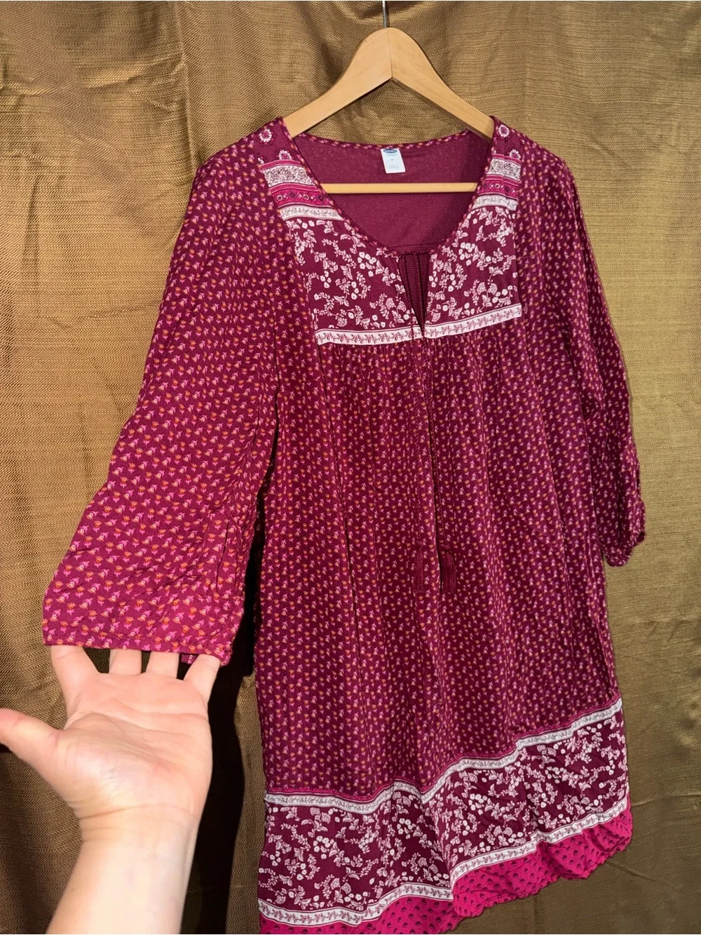 Old Navy Floral Tiered Boho Dress Womens M V-Neck Tasseled 3/4 Sleeve